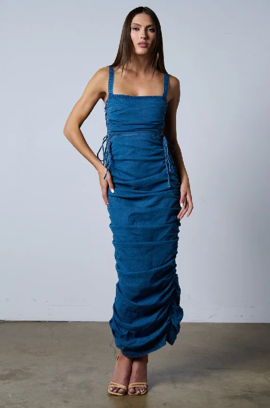 Denim dress with side ruching design--Styling look is shop and best for woman's-ANOTHER LIFE DENIM DRESS Denim dress with side ruching design--Styling look is shop and best for woman's-ANOTHER LIFE DENIM DRESS