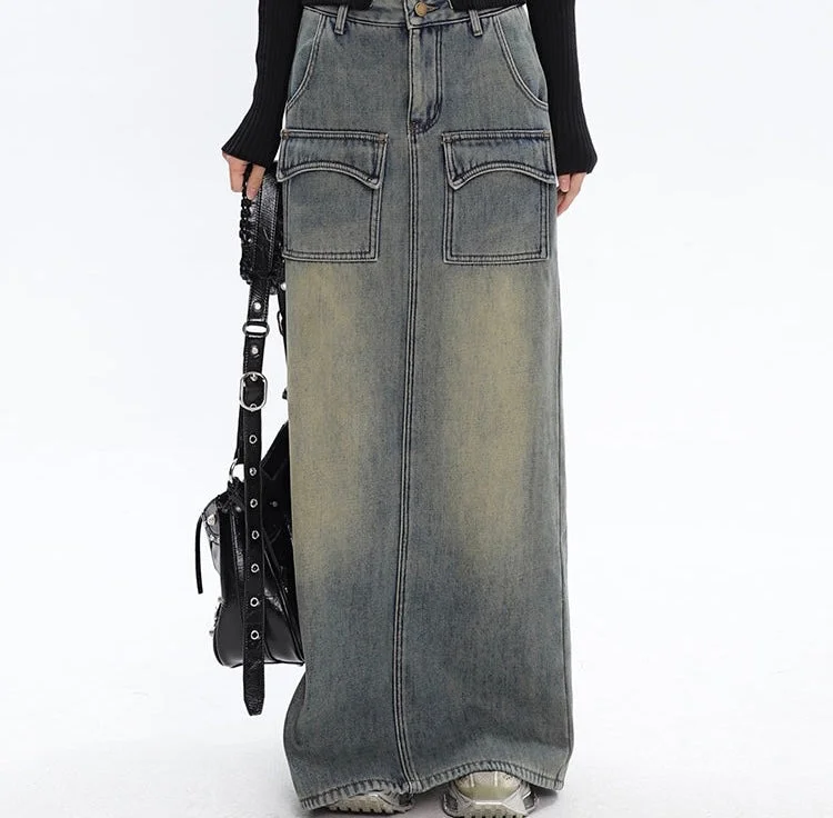 Women's raw hem denim skirts for edgy look -Aria Black Vintage Split Denim Midi Long Jeans Skirt Women's raw hem denim skirts for edgy look -Aria Black Vintage Split Denim Midi Long Jeans Skirt