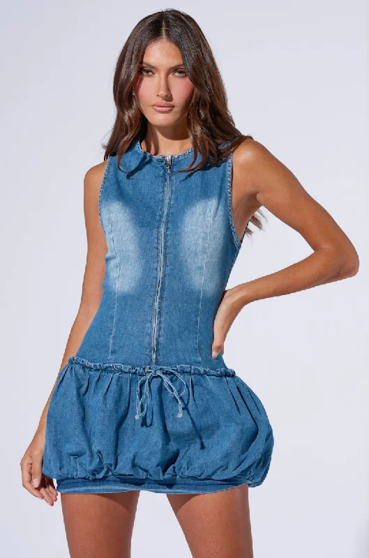 Best denim dresses for long arms--New what for denim-BUBBLE ME UP DENIM DRESS