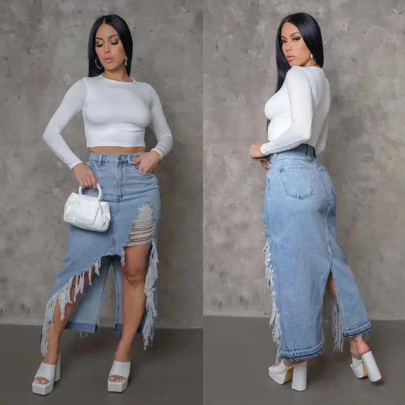 DIY distressed denim dress tutorial step-by-step--Denim maxi dress for women-Denim dress with irregular tassels and holes（CL11456）