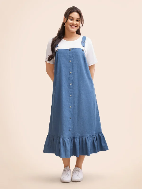 Denim dress with contrast sleeve cuffs--What stylist often new shop in Denim now-Denim Ruffle Trim Button Detail Dress Denim dress with contrast sleeve cuffs--What stylist often new shop in Denim now-Denim Ruffle Trim Button Detail Dress