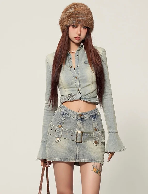 Women's denim skirts with pockets for practical use -Evangeline Denim V-Waist Belt Strap Jeans Mini Skirt Women's denim skirts with pockets for practical use -Evangeline Denim V-Waist Belt Strap Jeans Mini Skirt