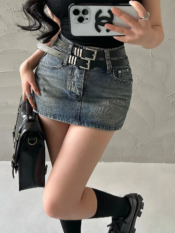 Women's maxi denim skirts for stylish outfits -Latia Denim Blue High-waisted Double Belt Slim Jeans Mini Skirt Women's maxi denim skirts for stylish outfits -Latia Denim Blue High-waisted Double Belt Slim Jeans Mini Skirt