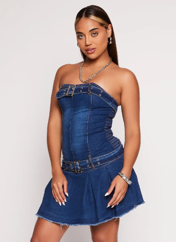 Denim dress with adjustable waist tie--Quality for denim-Grommet Belted Strapless Pleated Denim Dress Denim dress with adjustable waist tie--Quality for denim-Grommet Belted Strapless Pleated Denim Dress