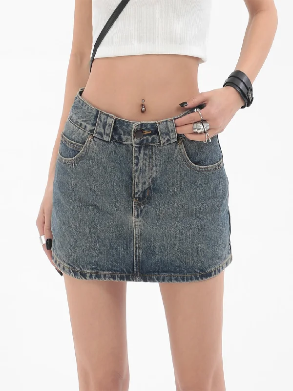 Women's denim skirts for curvy body types -Mindy Denim Blue Mid Waist Casual Mini Jeans Skirt