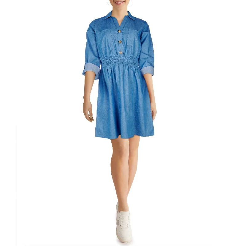 Light wash denim dress with button details--How to accessorize a denim dress-mySTYLE Women's Street Smart Pocket Denim Dress