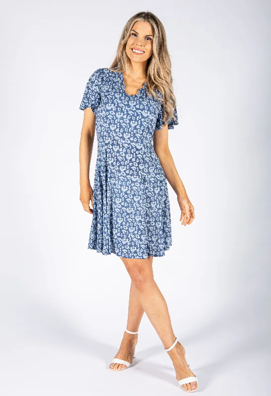 Denim dress sizing chart conversion guide--Where find unique denim dresses-Animal Printed Dress in Denim Blue
