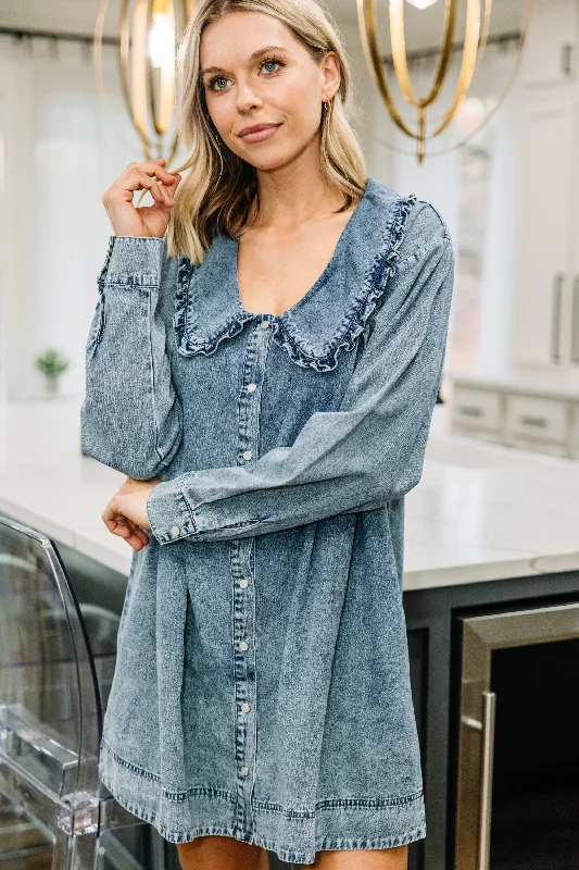 Denim dress with tiered skirt design--Maxi denim dress with discount-Ask Away Denim Blue Acid Wash Dress