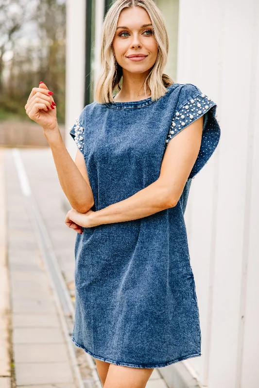 Denim pinafore dress layering ideas--Designer women's denim dress trends-Be Bold Dark Denim Embellished Dress