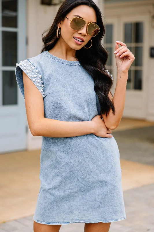 Sustainable recycled denim dress brands--Stylish women's denim dresses on sale-Be Bold Light Denim Embellished Dress