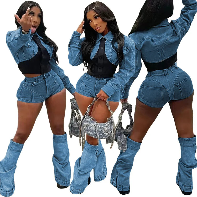 Women's vintage denim set for retro-inspired outfits -Bomblook ASST200 Denim Casual Suits Set For Women Short Set Shorts And Shirt Set Women's vintage denim set for retro-inspired outfits -Bomblook ASST200 Denim Casual Suits Set For Women Short Set Shorts And Shirt Set