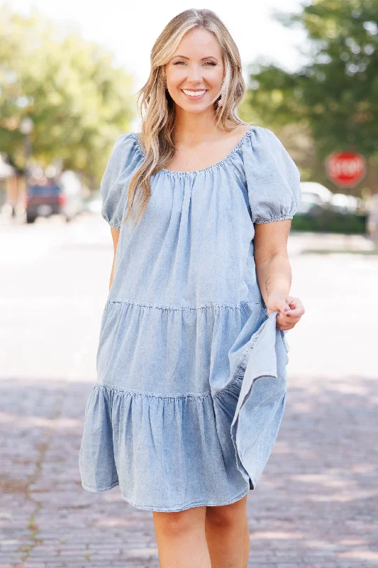 Denim dress care: washing vs dry cleaning--Woman short or blazer jean-Bring A Friend Dress, Denim Blue
