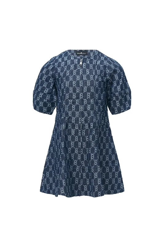 Denim dress with pleated skirt detail--Denim with belt for spring-Monogram Denim Puff Dress - Navy