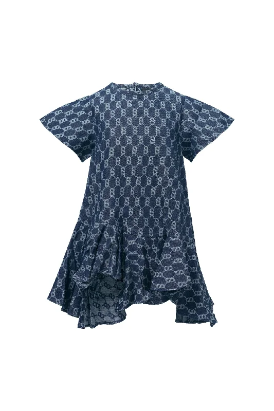 How to style denim dress pregnant--Is affordable or not jean-Monogram Denim Ruffle Dress - Navy