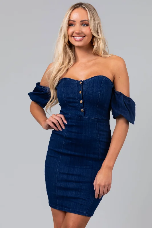 Denim dress with removable belt--Dark Wash Off the Shoulder Bodycon Denim Dress