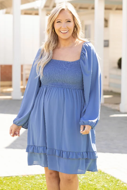 Denim dress with front slit styling--Good dress affordable and fit-Don't Stop Dancing With Me Dress, Denim