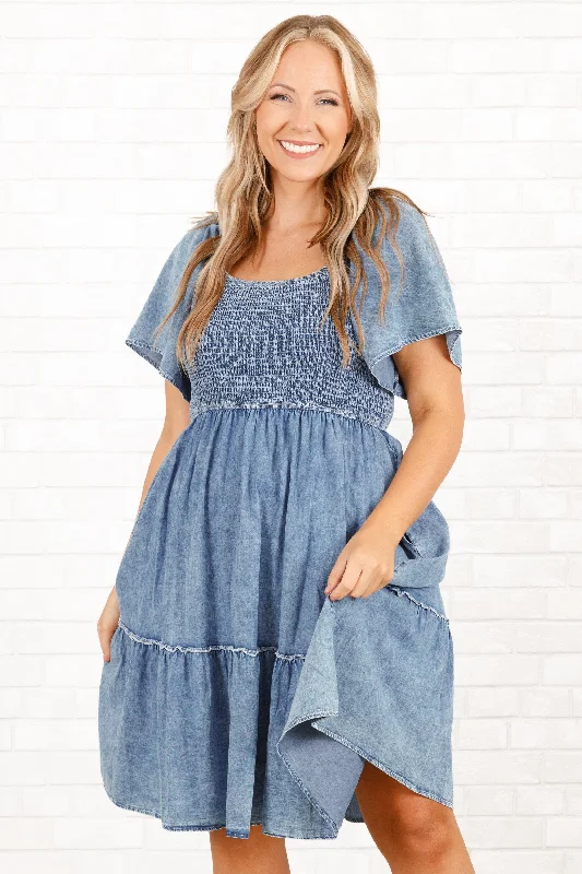Denim dress with embroidery patchwork--What party for woman jeans-Don't Stop Now Dress, Denim Blue