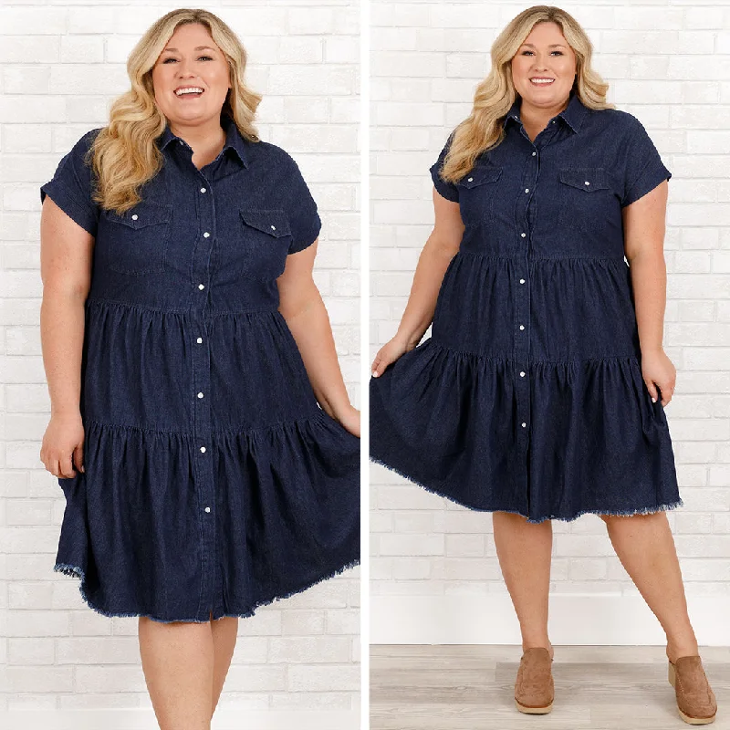 Denim dress with gathered neckline--Dress denim and how often-Heart in Your Hands Dress, Dark Denim