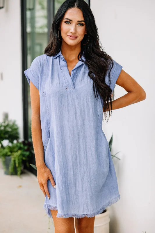 Denim dress with asymmetrical hem design--Women's denim dress and hat combos-Just My Type Denim Blue Chambray Dress