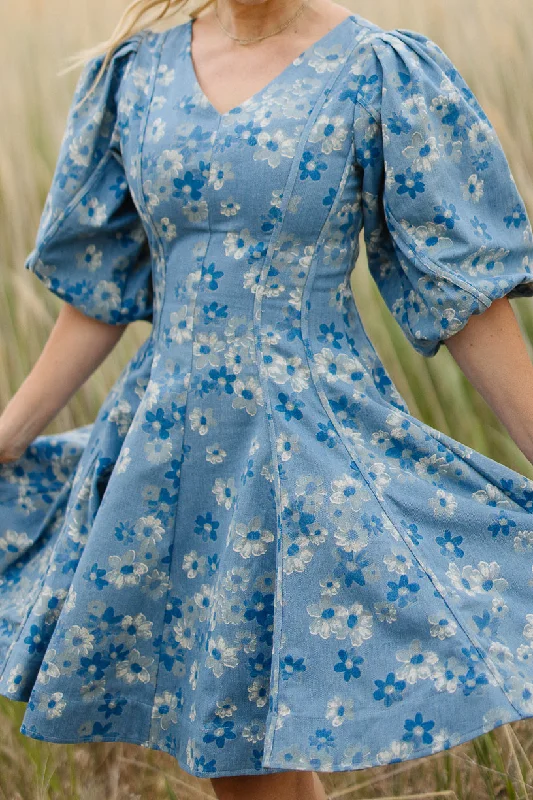 Denim dress with pearl button details--Denim dresses brands for sale-Leah Dress in Floral Denim