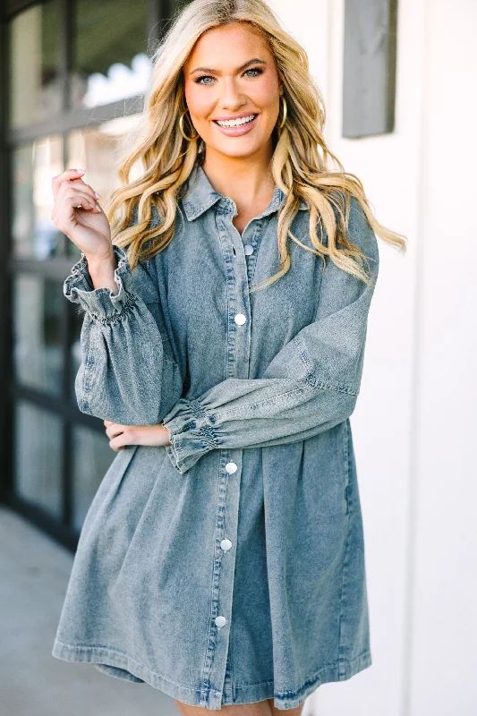 Denim dress with side buttons trend--Women's denim dress for weekend-Meet You Out West Blue Mineral Washed Denim Dress