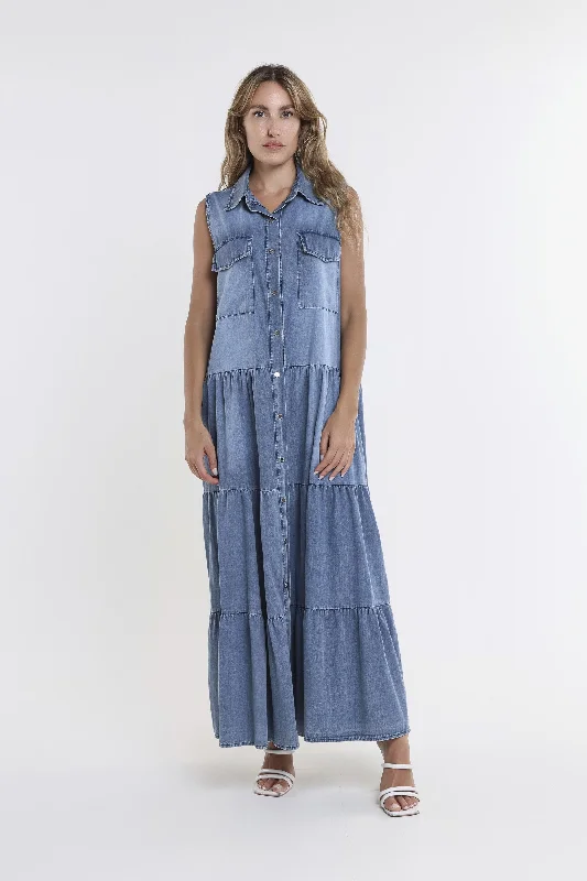 Denim dress with raw hem trends--Jeans denim a good quality-Megan Sleeveless 2-Pocket Tiered Denim Dress (DT126)