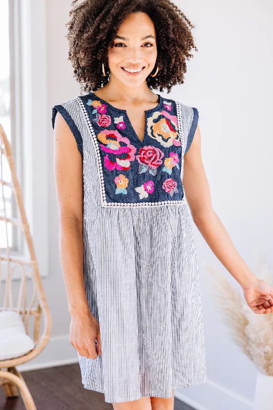 How to dye a denim dress at home--Denim dress with a belt style-Needed You Denim Blue Embroidered Dress