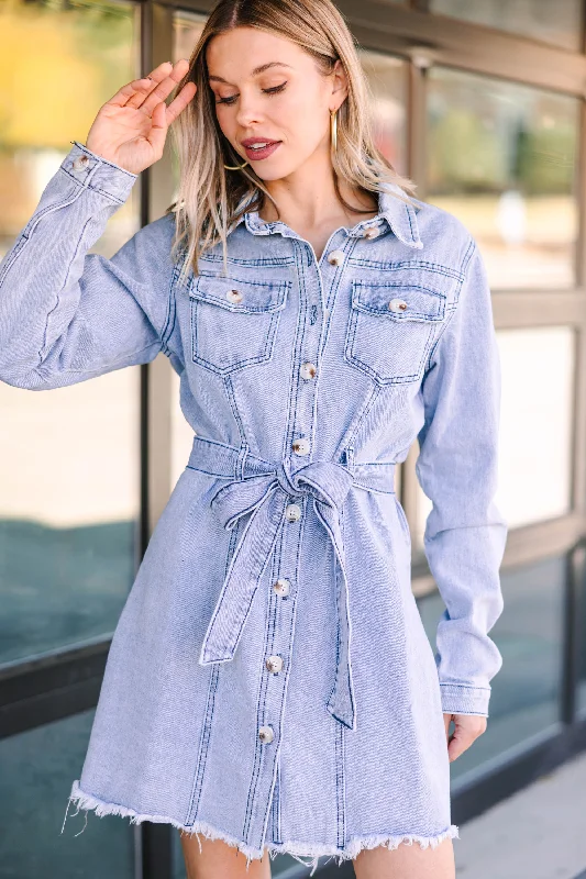 How to break in stiff denim dress--Mini denim dress now-Never Too Much Medium Wash Denim Dress