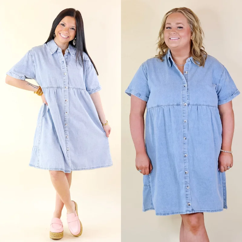 Denim maxi dress with side slit trends--Women's denim tiered dress-Nice to Meet You Button Up Collared Denim Dress in Light Wash
