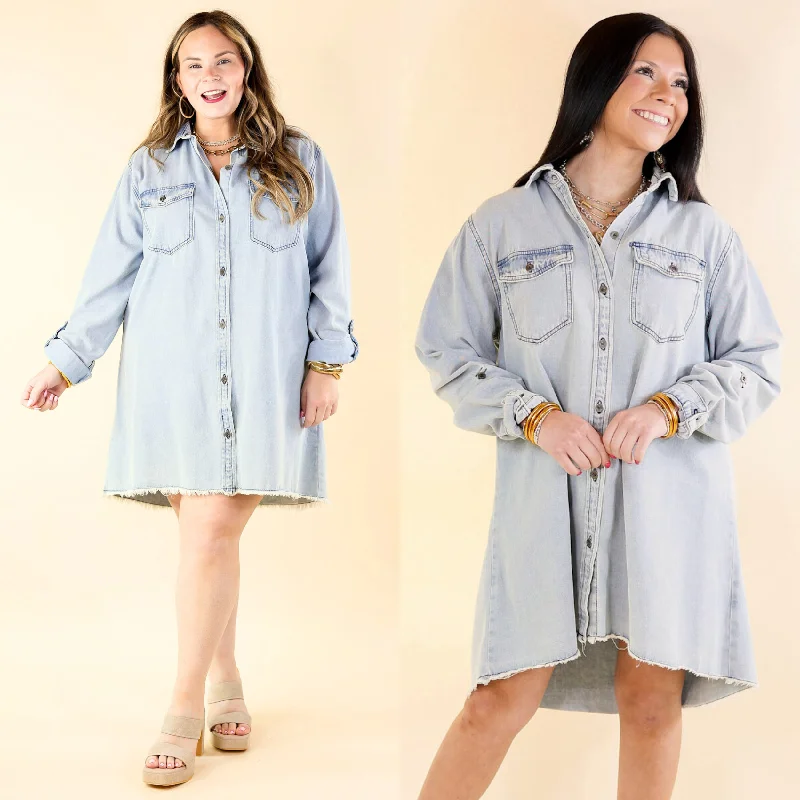 Stretchy denim dress for all-day comfort--Women's denim overall dress-Patio Date Button Up Long Sleeve Denim Dress in Light Wash