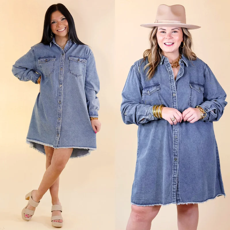 Denim wrap dress with floral embroidery--Women's denim long sleeve dress-Patio Date Button Up Long Sleeve Denim Dress in Medium Wash