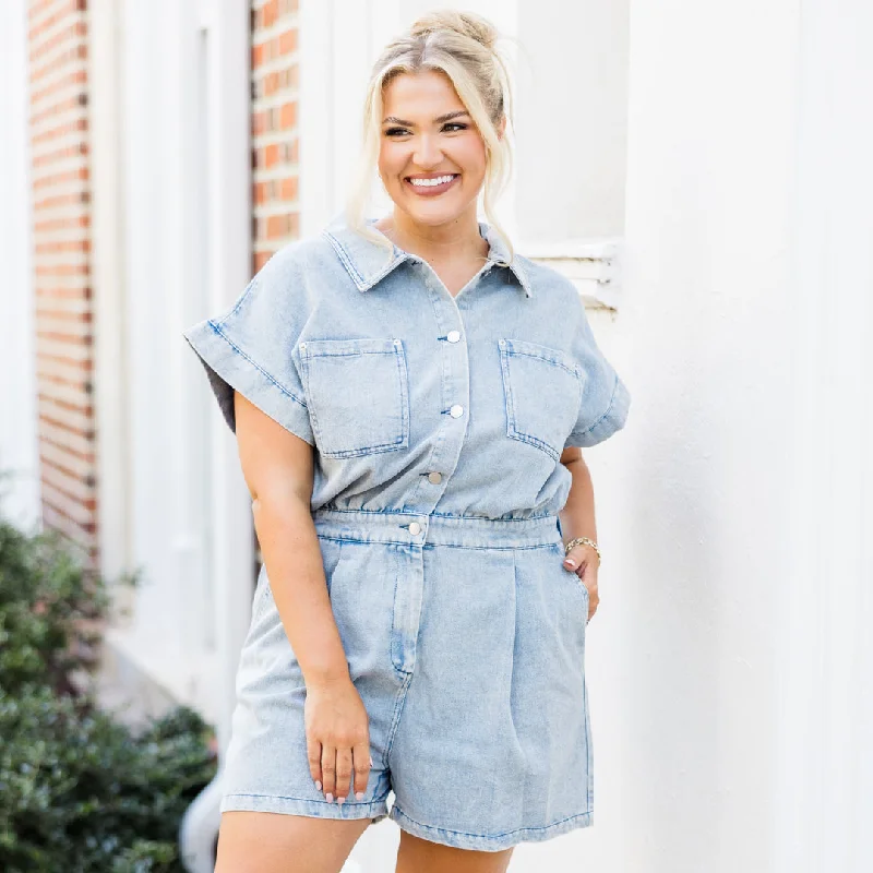 Best denim dresses for short torsos--Good best stylish jeans-Pictures Of You Romper, Washed Denim