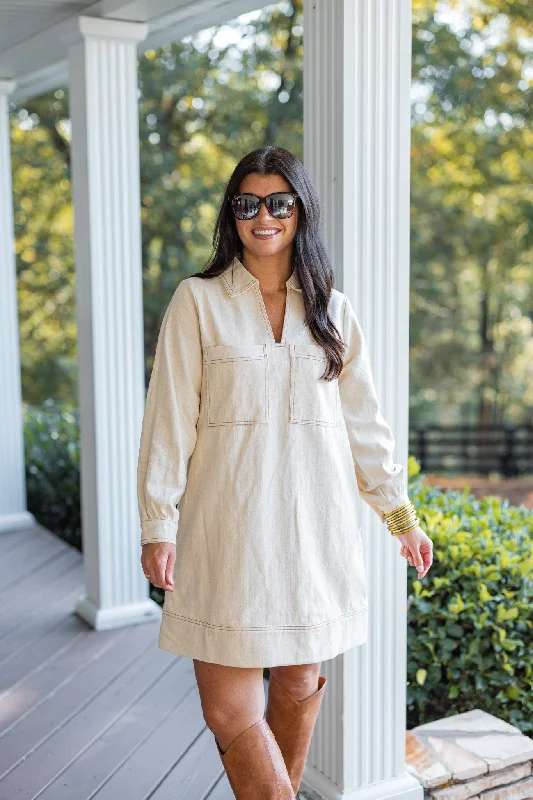 Denim dress with gathered waist detail--Are denim blazer fashionable-Simple Grace Sand Denim Dress