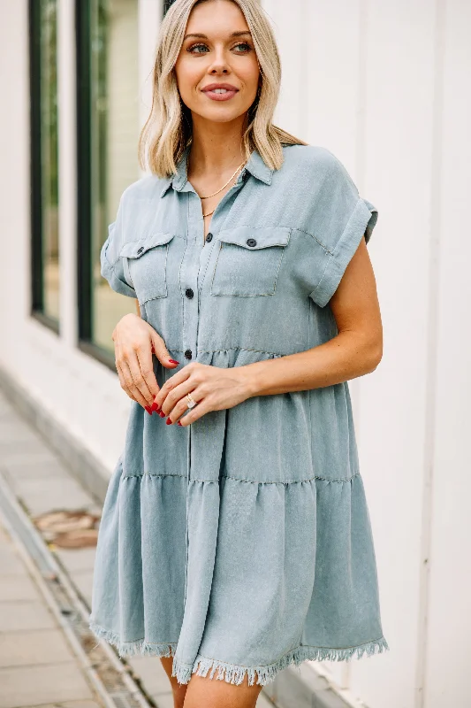 Denim dress with front slit street style--Women's denim dress for curvy figures-Spring Sass Light Denim Hand Dyed Dress