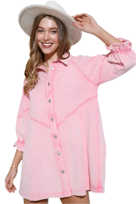 How to prevent denim dress fading--The denim short or long-Washed Denim Puff Sleeve Dress