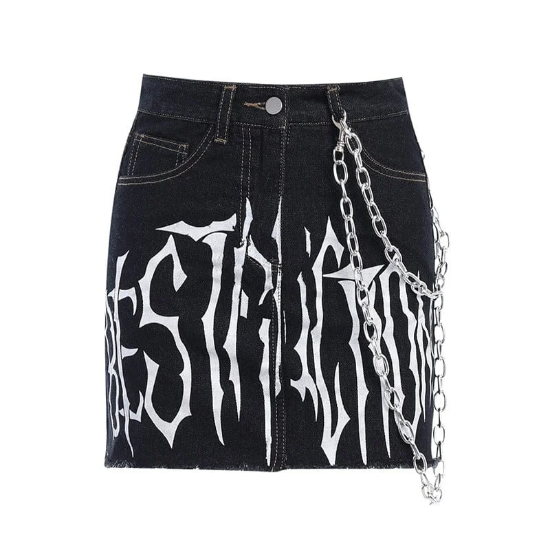 Long sleeve denim dress for fall weather--Classic denim dress with modern twist-Women's Grunge Letter Printed Denim Pants with Chain