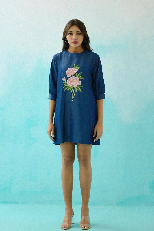Denim dress with smocked back design--Best denim with spring-Denim Peony Embroidered Shift Dress